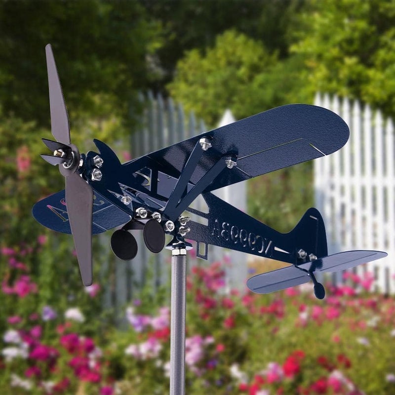 SDFRT Blue Airplane Weathervane, Kinetic Metal Wind Spinners for Yard and Garden, 3D Kinetic Wind Spinner Wind Catchers Sculpture, Airplane Weathervane Metal Wind Spinner (28 x 32 cm) - Image 3